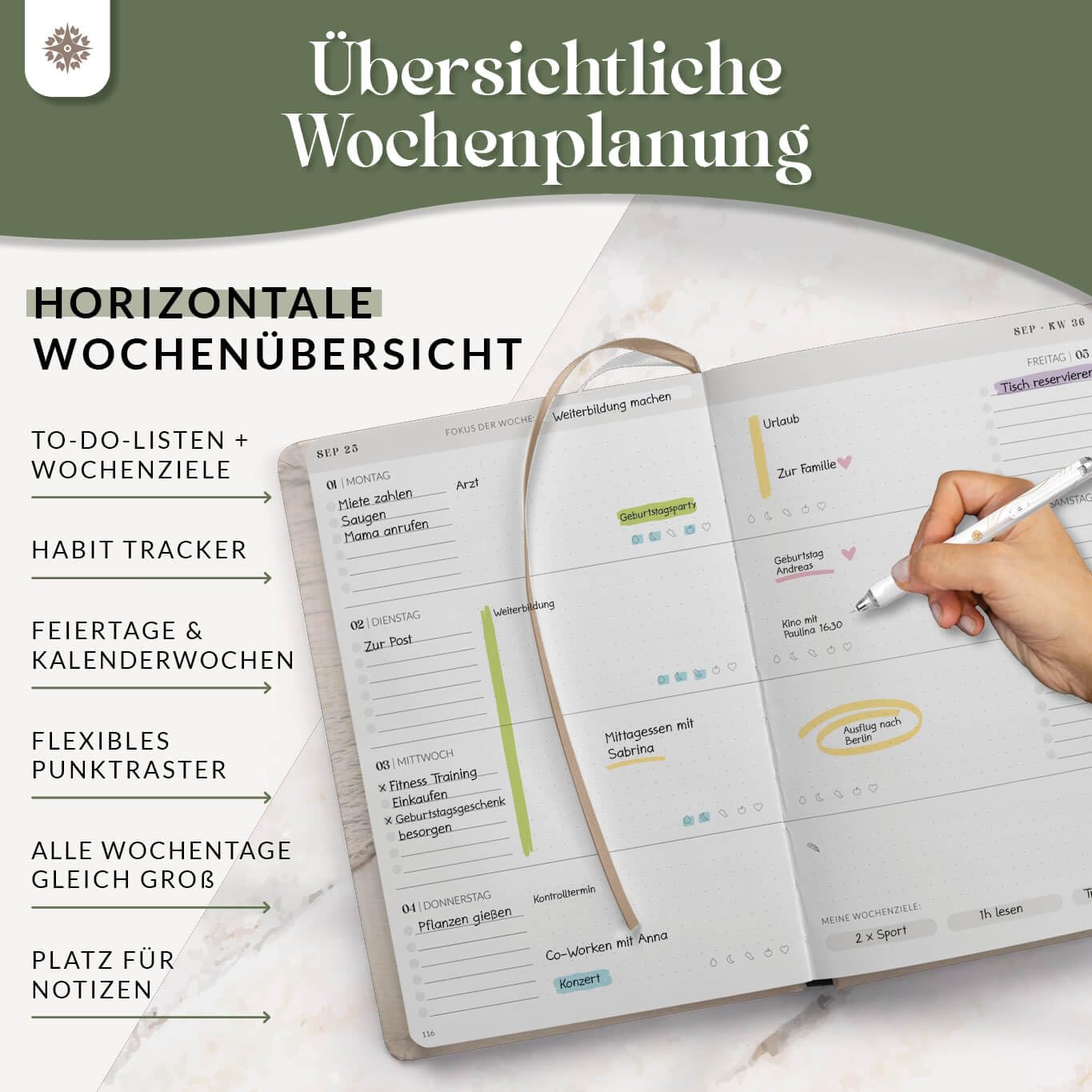 Lebenskompass Kalender 2025 Buchkalender A5 "STRAND" - Schöner Wochenplaner 2025 & Terminkalender 2025 - stabiles Hardcover mit edler Folienprägung