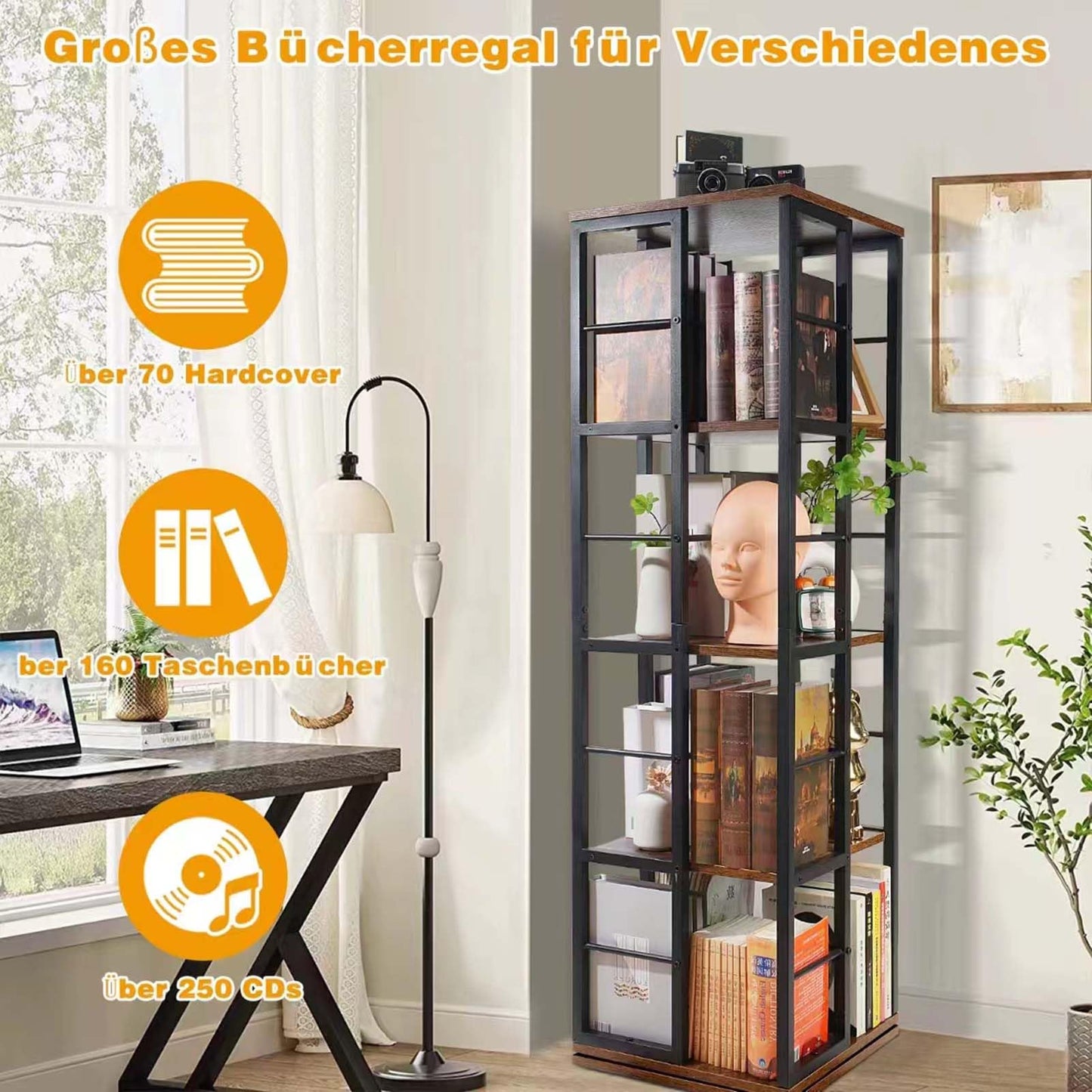 Nivadeui Drehbares Bücherregal 5 Etagen Schwarz, 360° Drehbarer Holzregal, Freistehendes Standregal für Wohnzimmer und Schlafzimmer