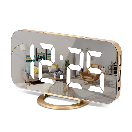 Digitaler,Wecker Am Bett,7 "LED-Spiegel-Wecker, mit 2 USB-Ladeanschlüssen,Schlummermodus,Automatische Helligkeitsanpassung,Einfach Einzurichtende Schreibtischuhr Für Die Home-Office (Gold)