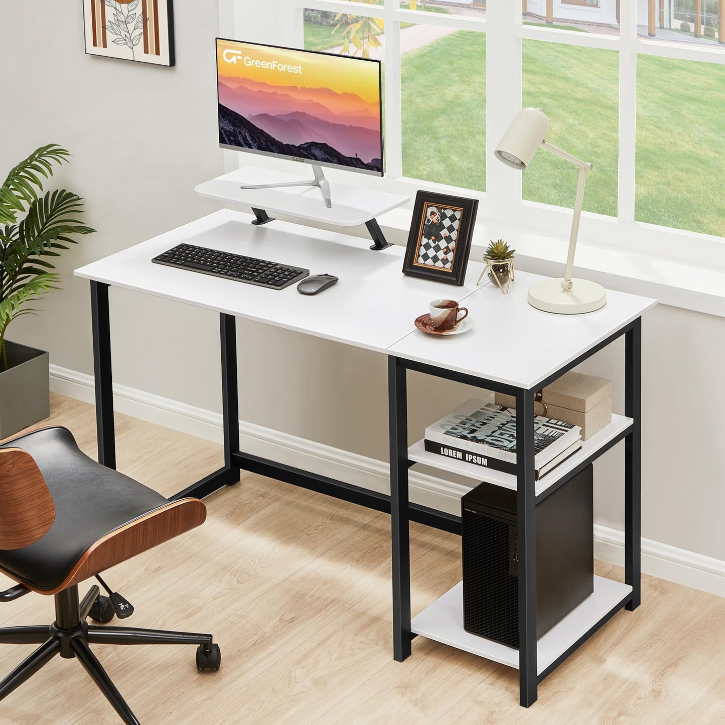 GreenForest Kleiner Schreibtisch Weiß, Bürotisch Schreibtisch mit Stauraum, 100cm Computertisch PC Schreibtisch Klein Weiß mit Monitorständer für Home Office