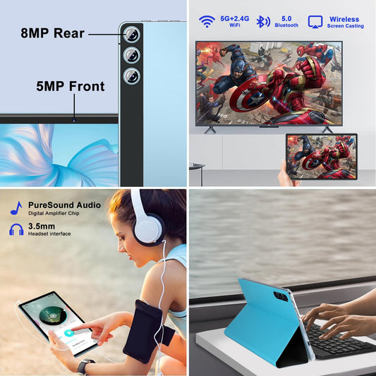 ZIOVO Tablet 10 Zoll mit 22GB RAM+128GB ROM (1TB TF), Android 14 Tablet mit 5G WLAN | Widevine L1 | Octa-Core 2.0 GHz | GMS | 8000mAh | FHD 1280 * 800 | 5+8MP | BT 5.0 | AGPS | Tablet mit Case - Blau