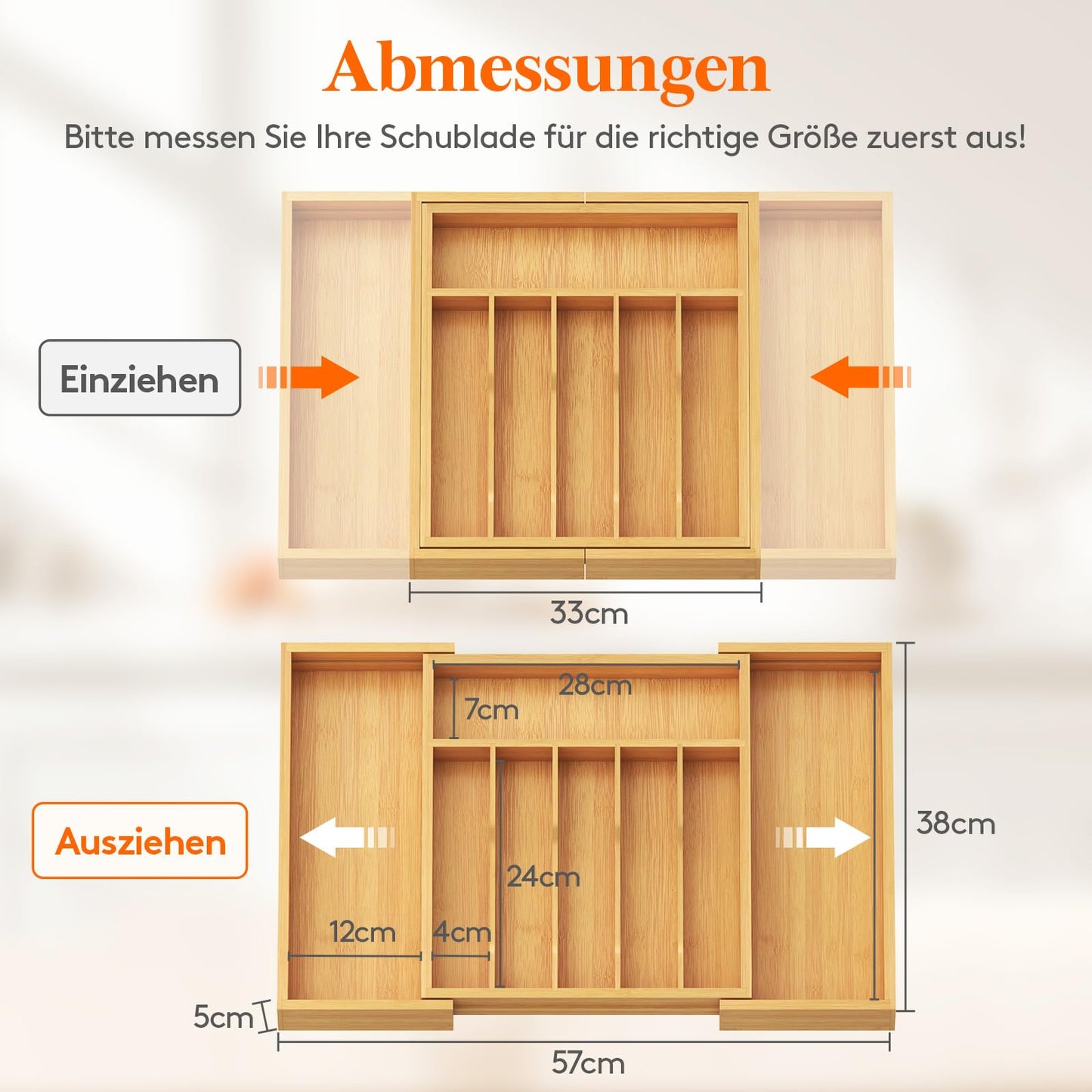 Lifewit Besteckhalter, Erweiterbarer Utensilienhalter für Schublade, Verstellbarer Besteckkasten, Kompakt Besteckeinsatz für Schubladen aus Bambus für Löffel, Gabeln, Messer, Groß, Naturfarbe
