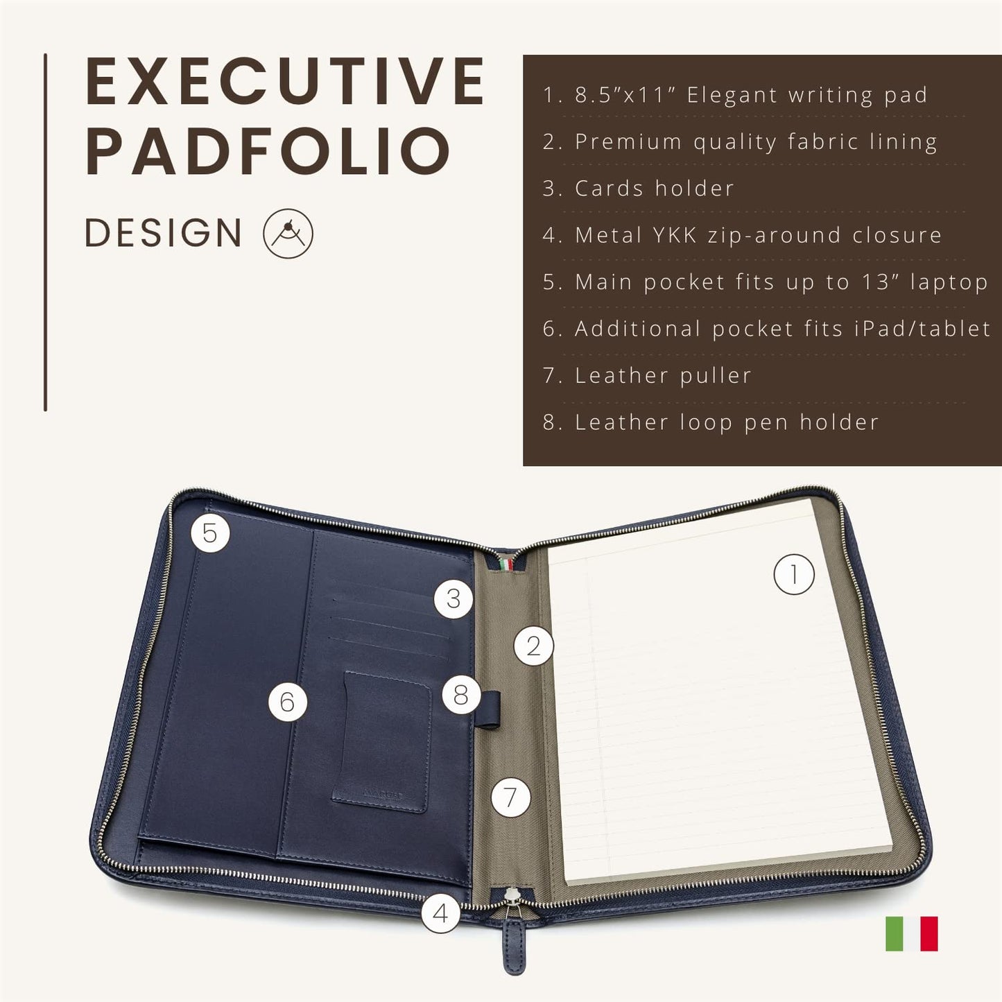 Konferenzmappe A4 aus 100% vollnarbiges Leder mit Reißverschluss - handgefertigt in Italien von erfahrenen Handwerkern - Navy