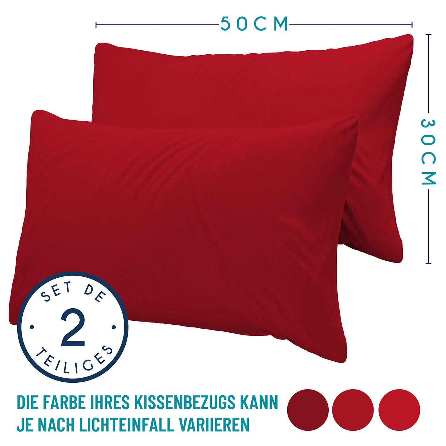 Dreamzie Kissenbezug 30x50 (Set mit 2) - 100% Jersey Baumwolle 150 g/qm Kissenbezüge -Rot - Für Kissenbezug 50x30 cm - Kissenhülle - Resistent und Hypoallergen