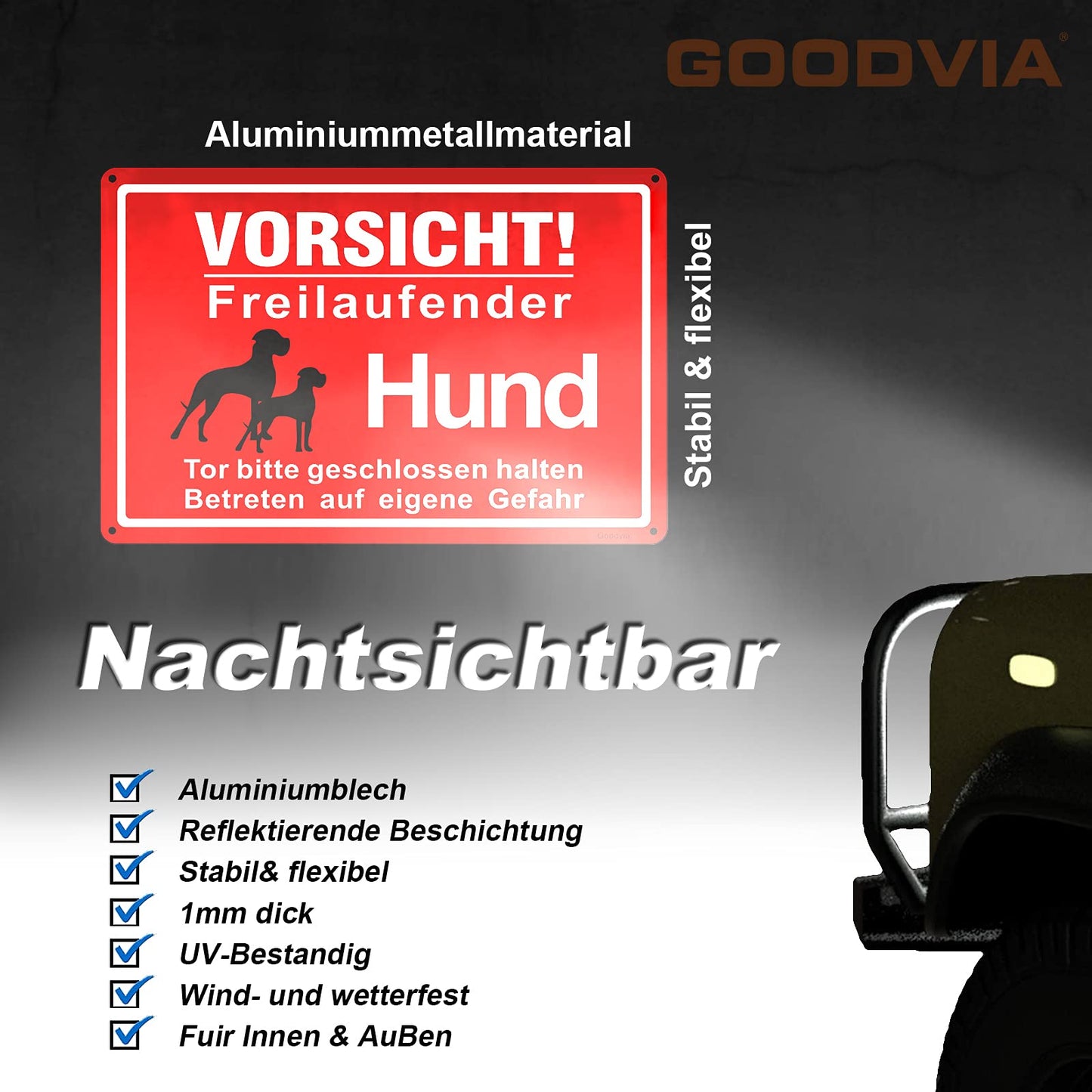 Goodvia Freilaufender Hund Schild Metall 20 * 30cm, Achtung Hunde Schild Vorsicht Freilaufender Hund Aluminium Reflektierendes Schilder Warnung vor Dem Hund, Innen und Außen Anwendbar