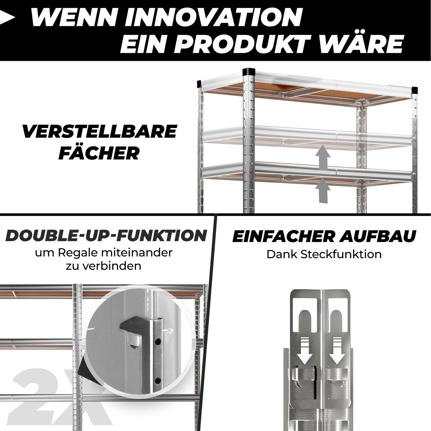 ALL Premium Schwerlastregal 2er-Set 180x90x40cm Silber – Bis 1250 kg belastbar, höhenverstellbar, Stecksystem, ideal für Lager, Garage & Keller