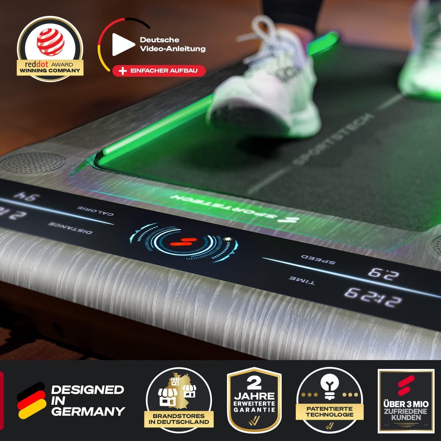 sWalk Walking Pad Laufband mit LED - Deutsche Qualitätsmarke - 1-6 km/h Geschwindigkeit mit interaktivem LCD-Display & App kompatibel - Flexibles Under Desk Schreibtisch Treadmill für Zuhause & Büro