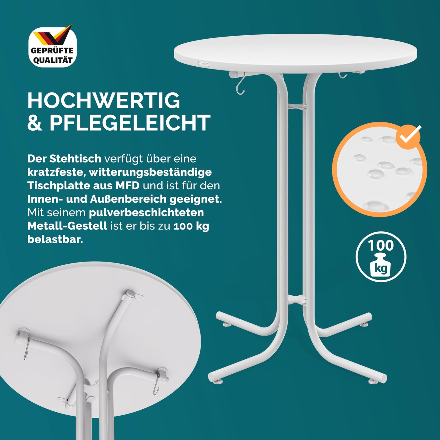 Casaria® Stehtisch Ø 70 cm Klappbar Rund Stabil Garten Hoch Holz pulverbeschichtet Metall Hochtisch Bistrotisch Partytisch Bartisch Biertisch Weiß