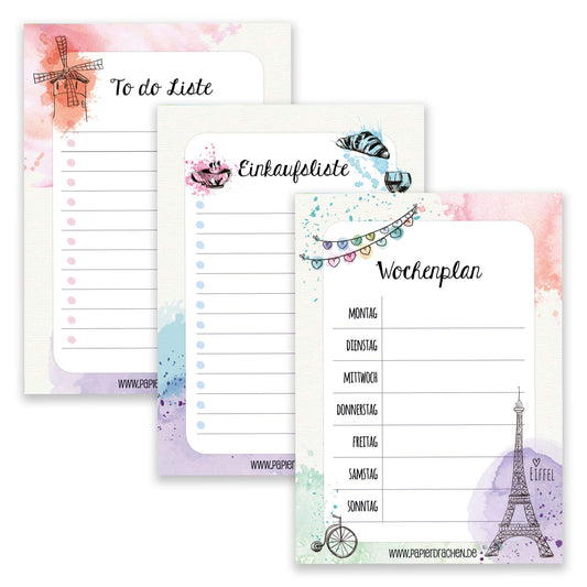 Papierdrachen 3 Notizblöcke mit Wochenplan, To Do Liste und Einkaufsliste - Tagesplaner und Wochenplaner Paris - Notizblock Set 8 - DIN A5