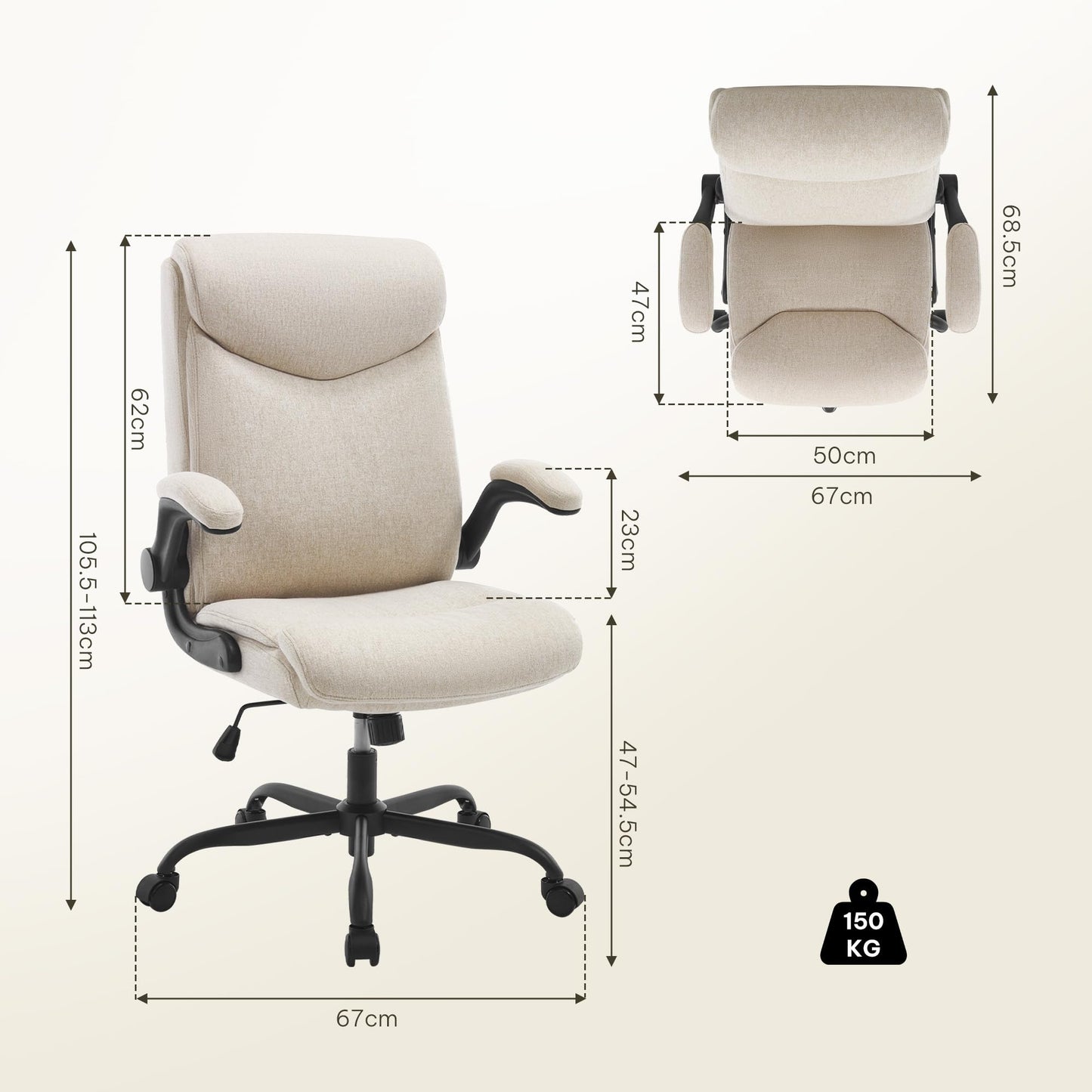 eSituro Bürostuhl ergonomisch, Schreibtischstuhl, Chefsessel 150 kg, Drehstuhl mit Rollen, hochklappbare Armlehnen, Sitzfläche aus Stoff, Beige