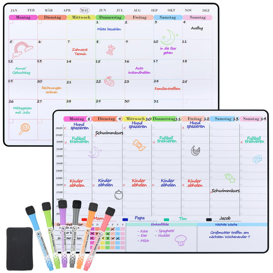 POPRUN Whiteboard Wochenplaner Monatsplaner abwischbar selbstklebend für die Wand, Glas, Holz und Kühlschrank (jede glatte Oberfläche) Familienplaner,Planungstafel,Monatskalender auf Deutsch