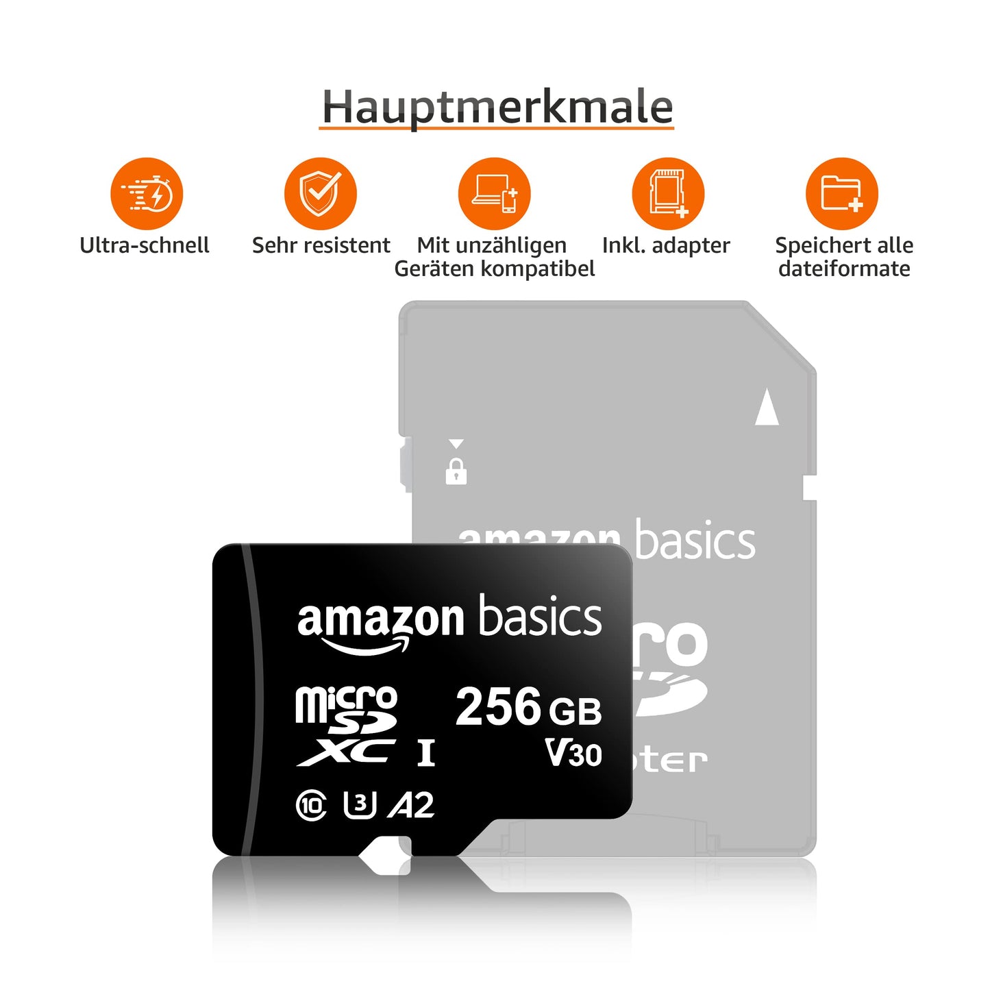 Amazon Basics MicroSDXC, 256 GB, mit SD Adapter, A2, U3, Lesegeschwindigkeit bis zu 100 MB/s, Schwarz