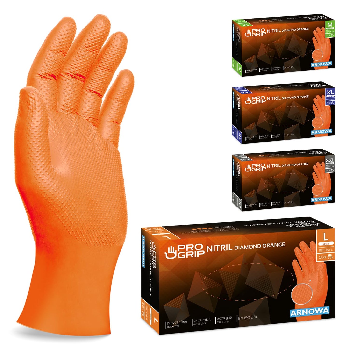 PROGRIP Einweghandschuhe Diamant Grip, Orange, Einmalhandschuhe Extra Stark, Nitrilhandschuhe Gr. M, 2x dicker, Handschuhe Einweg, Arbeitshandschuhe für Werkstatt & Montage, 50 Stk/Box