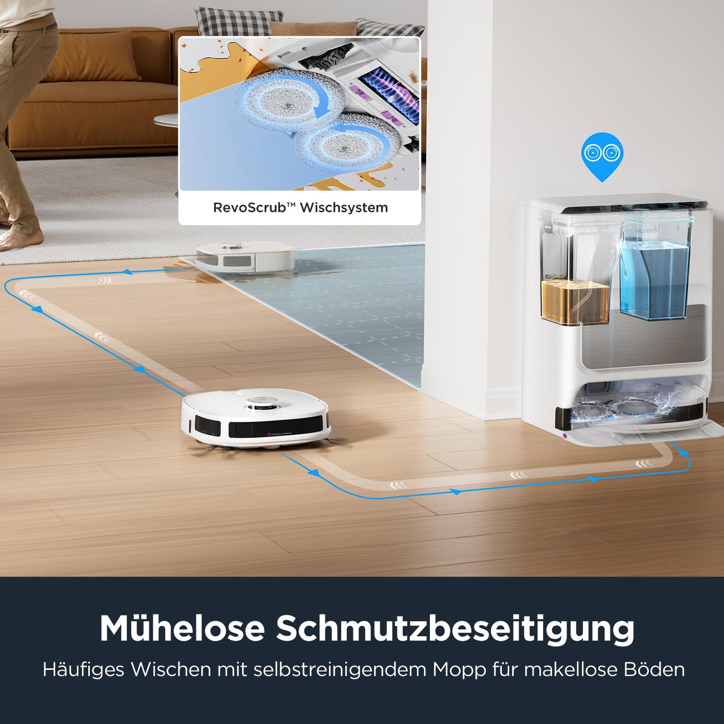 EUREKA J12 Ultra DE Saug- & Wischroboter + All-in-One Station (KI-3D-Hinderniserkennung, intelligente Haustierumgehung, Auto Teppicherkennung, ideal gegen Tierhaare, App- & Sprachsteuerung) weiß