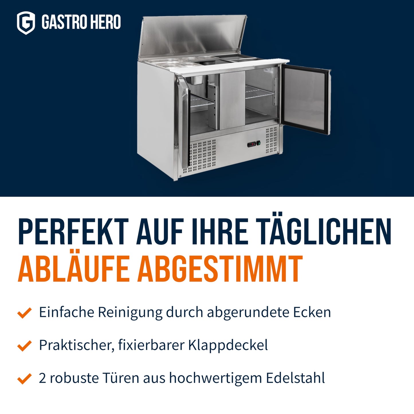 GastroHero Saladette Eco 1045 – 302 Liter Kühlung, 2 Edelstahl-Türen, GN-Behältereinlass
