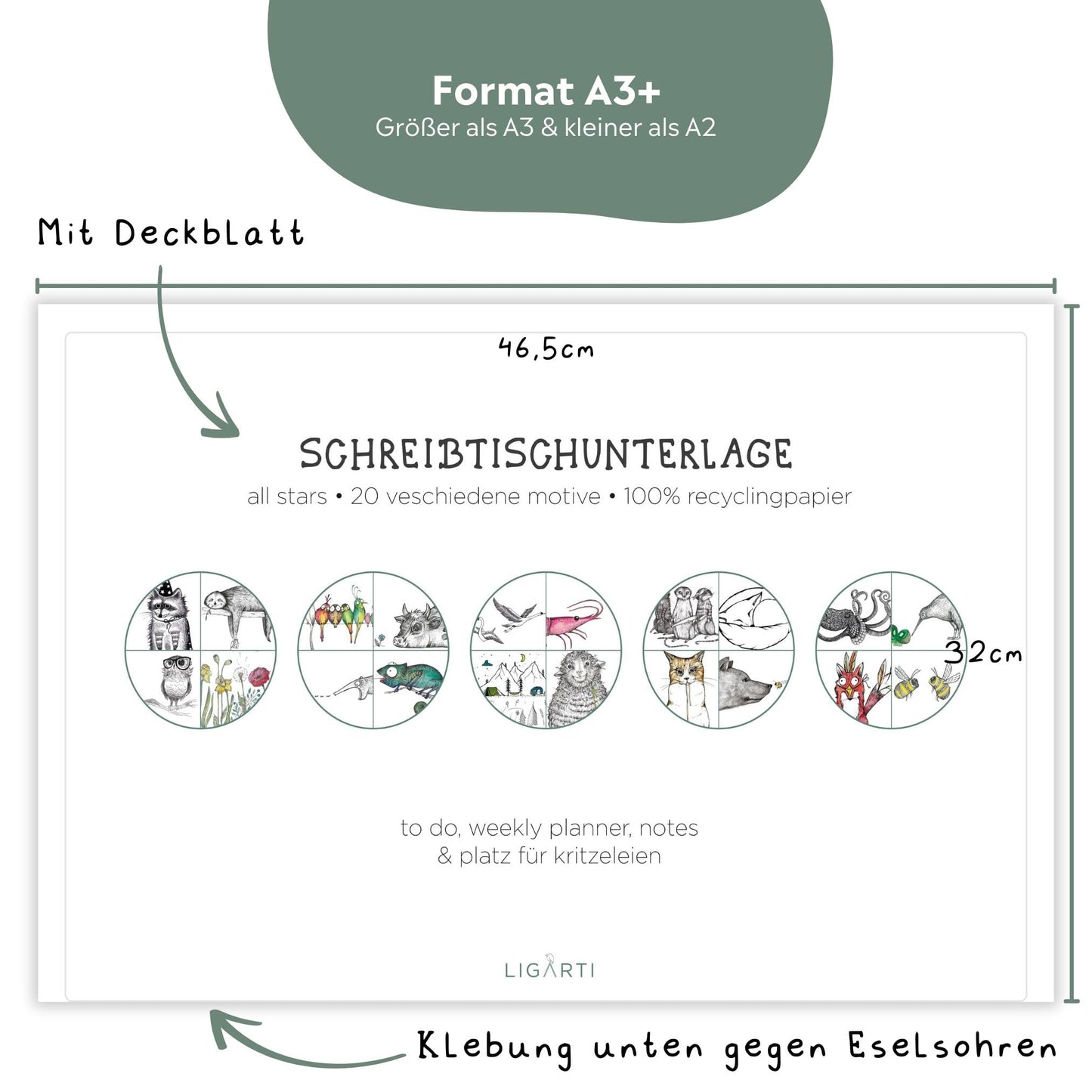 Ligarti Schreibtischunterlage Papier (100% nachhaltig) A3+ Wochenplaner Block mit To Do Liste und wechselnden Motiven - Weekly Planner undatiert, Schreibtisch Unterlage (AllStars)