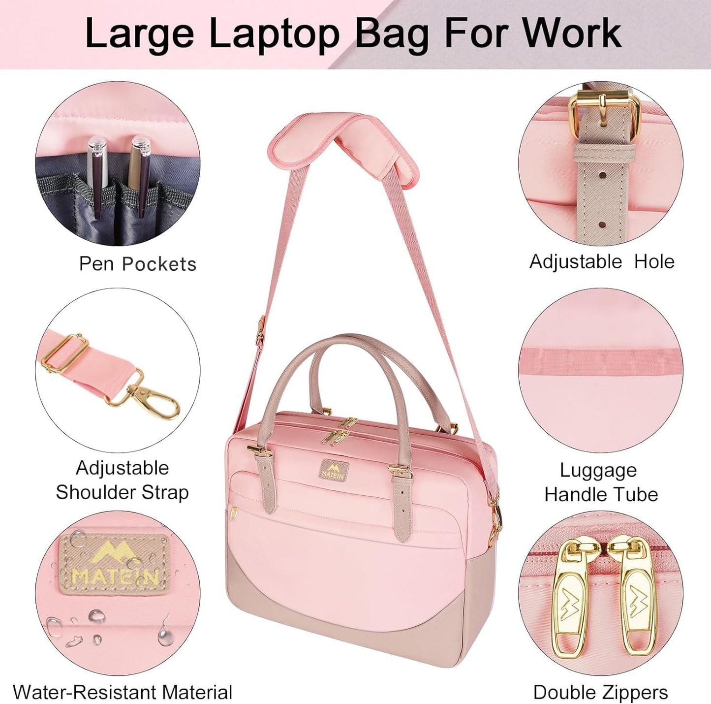 MATEIN Handtasche Damen Groß, Laptoptasche 17,3 Zoll Arbeitstasche mit Vielen Fächern Messenger Bag Businesstasche Frau Aktentasche Bürotasche Pink Laptop Bag Umhängetasche für Schule, Reisen, Rosa