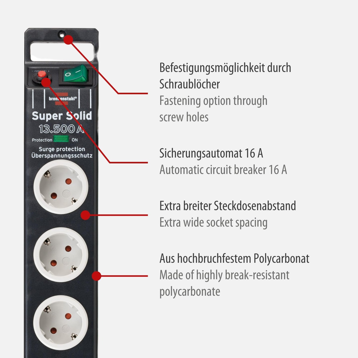 Brennenstuhl Super-Solid, Steckdosenleiste 8-Fach mit Überspannungsschutz (Steckerleiste mit 2,5m Kabel und Schalter, Mehrfachsteckdose aus bruchfestem Polycarbonat) schwarz/grau