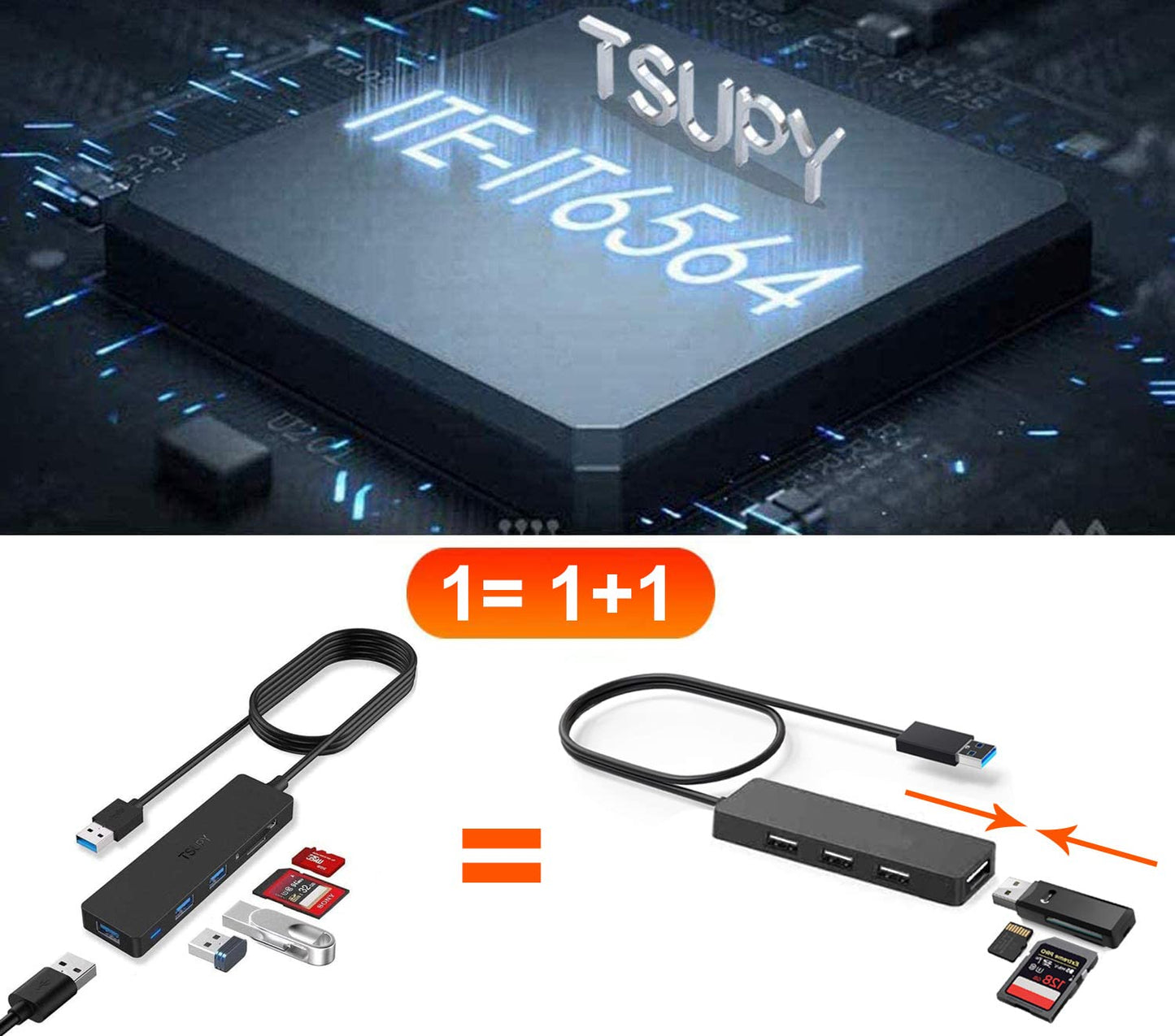 TSUPY USB Hub 3.0 1.2m Kabel 5 in 1, USB Adapter auf 3 USB 3.0 verlängerung + SD TF Kartenleser für Ihre Laptop PC usw