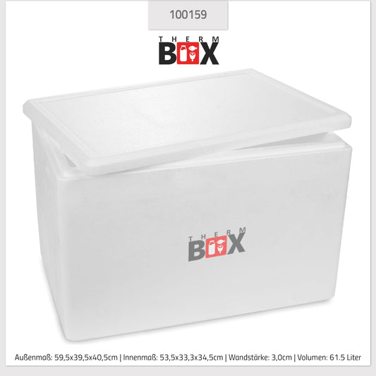 THERM BOX Styroporbox 61W 53x33x34cm Wand 3cm Volumen 61,5L Isolierbox Thermobox Kühlbox Warmhaltebox Wiederverwendbar