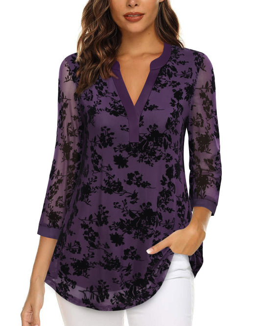 Vafoly Spring V Neck Damen Tops und Blusen 3/4 Ärmel Blusen für Frauen Dressy Arbeitskleidung Büro Kleidung Loose Fit Flowy Business Casual V Neck Tunika Tops Beflockte Violett Blumen XXL