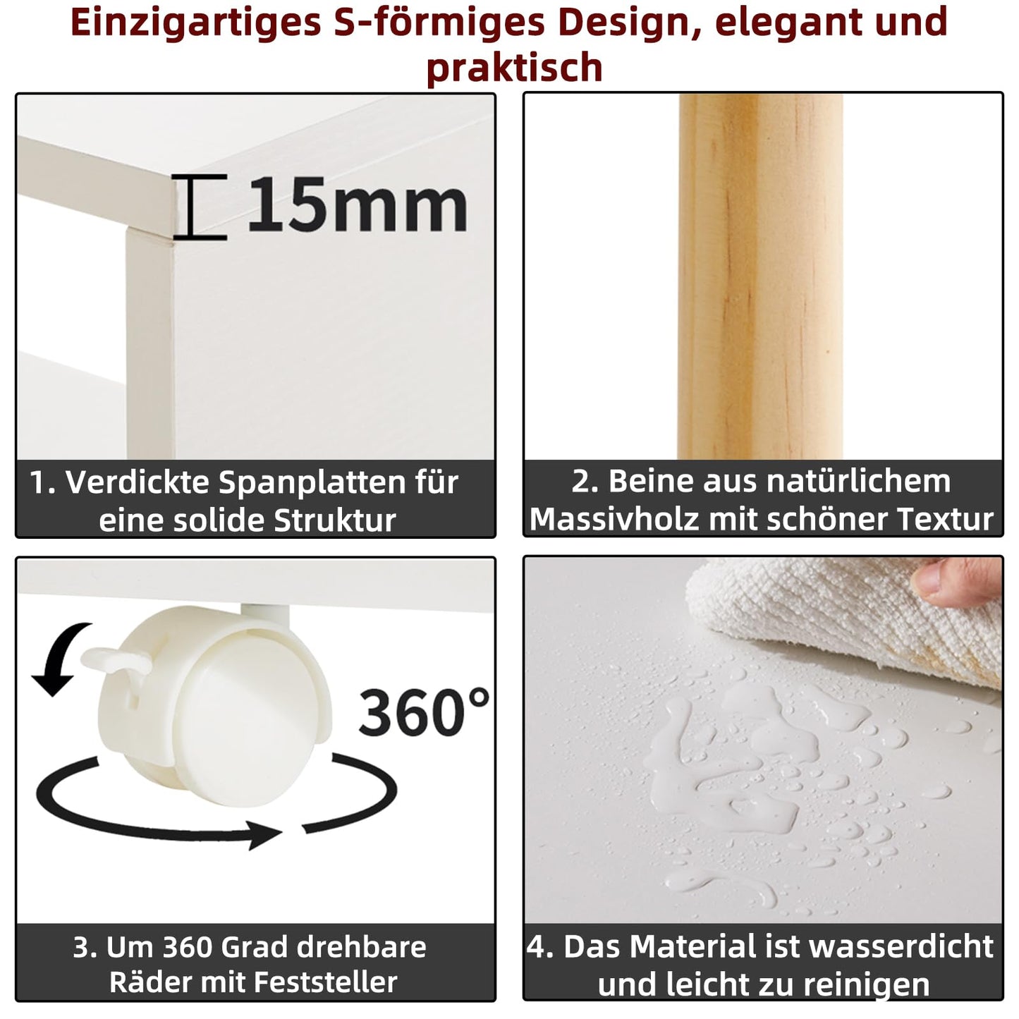 Aibiju 3-stufiger Rollbarer Beistelltisch, Schmaler Nachttisch für kleine Räume, Schlafzimmer, Wohnzimmer