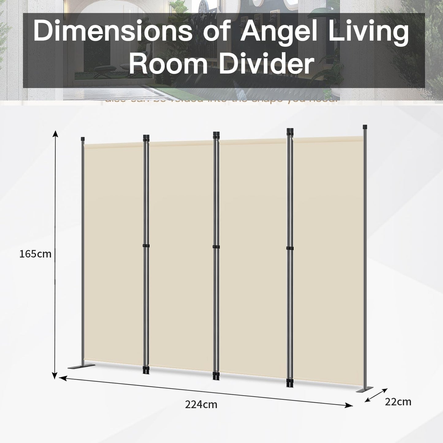 Angel Living Paravent 4tlg Sichtschutz,Faltbildschirm Raumteiler Sichtschutz aus Stahl und Polyester (Beige)