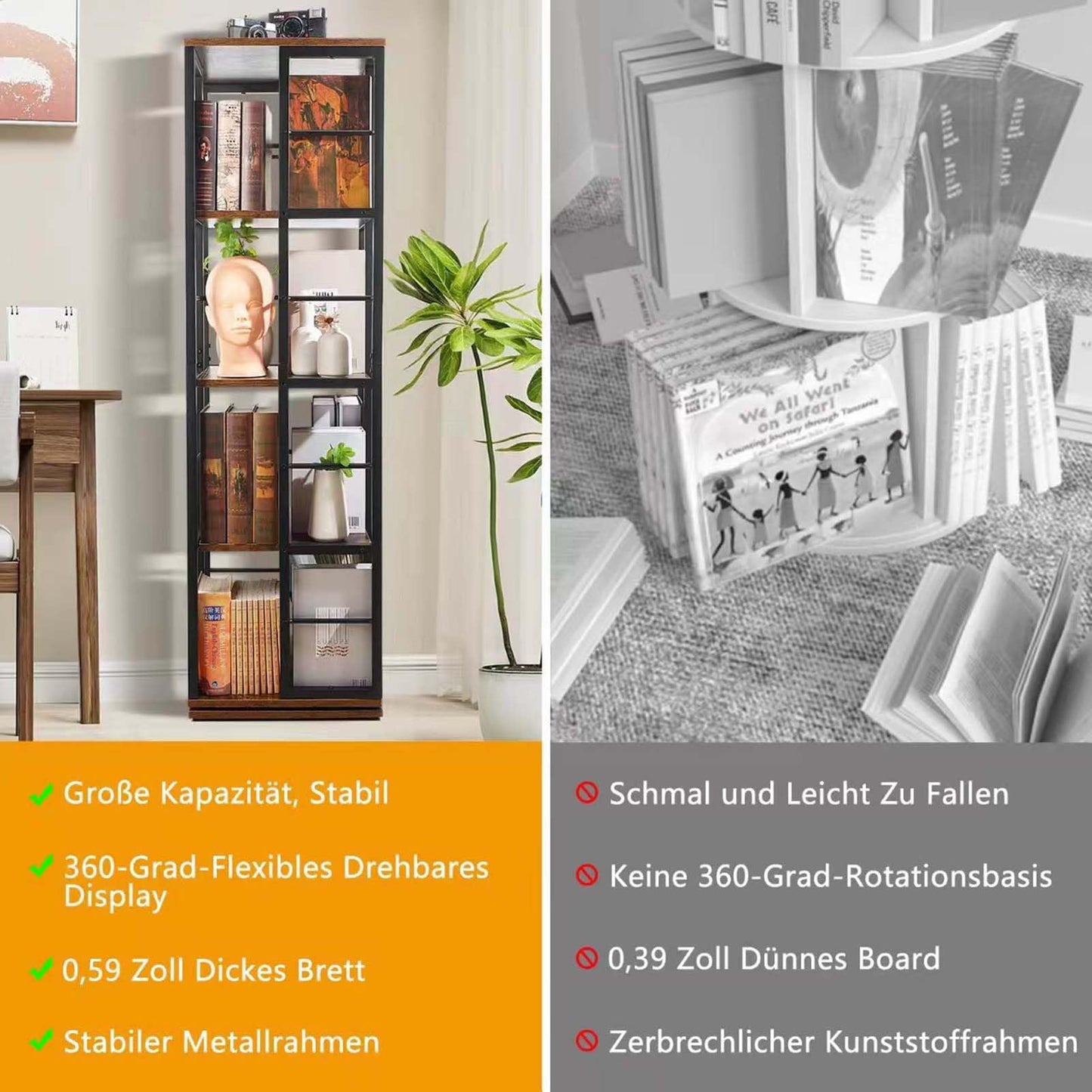 Nivadeui Drehbares Bücherregal 5 Etagen Schwarz, 360° Drehbarer Holzregal, Freistehendes Standregal für Wohnzimmer und Schlafzimmer
