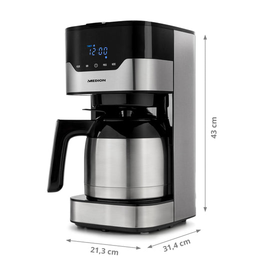 MEDION Kaffeemaschine mit Thermoskanne und Timer (Filtermaschine, 8 Tassen, 1,2 Liter, 900 Watt, 3 Stufen, Warmhaltefunktion, Timer Zeitschaltuhr, Antitropf, Display, MD18458) edelstahl