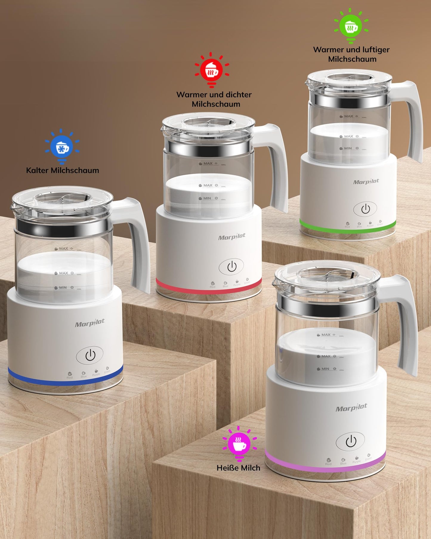 Morpilot Milchaufschäumer Elektrisch, 130-500ml 600W, 4 in 1 Milchschäumer für Heißer und Kalter, Spülmaschinenfest, Visuelles Glas, Latte-Design, Weiß