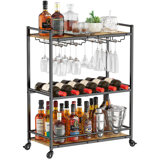 Lifewit Servierwagen, 3-stöckiger Barwagen mit blockierbaren Rädern, Weinregal und Glashaltern, Küchenwagen, Esszimmer, Wohnzimmer, 63,2 x 30 x 81,5 cm, Rustikales Braun