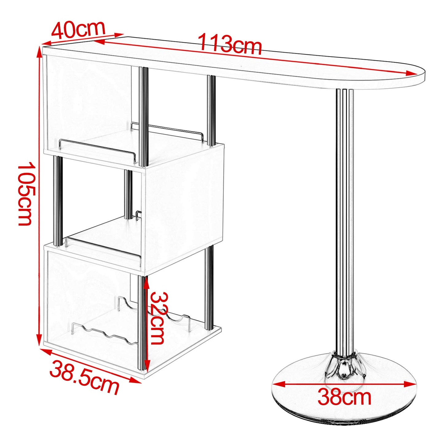 WOLTU Bartisch Stehtisch Bistrotisch Bartheke Tresentisch, mit 3 Ablagefläche, mit Weinregale, Metall, MDF, Weiß, 113x40x105cm(BxTxH)