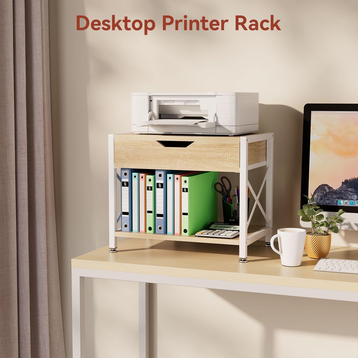 IBUYKE 2 Tier Desktop-Drucker Stand, Mehrzweck-Schreibtisch-Organizer, hölzerne Drucker Stand mit Schublade Lagerung für Ordner, Bücher, für Faxgerät, Scanner, Home Office TLJ012R