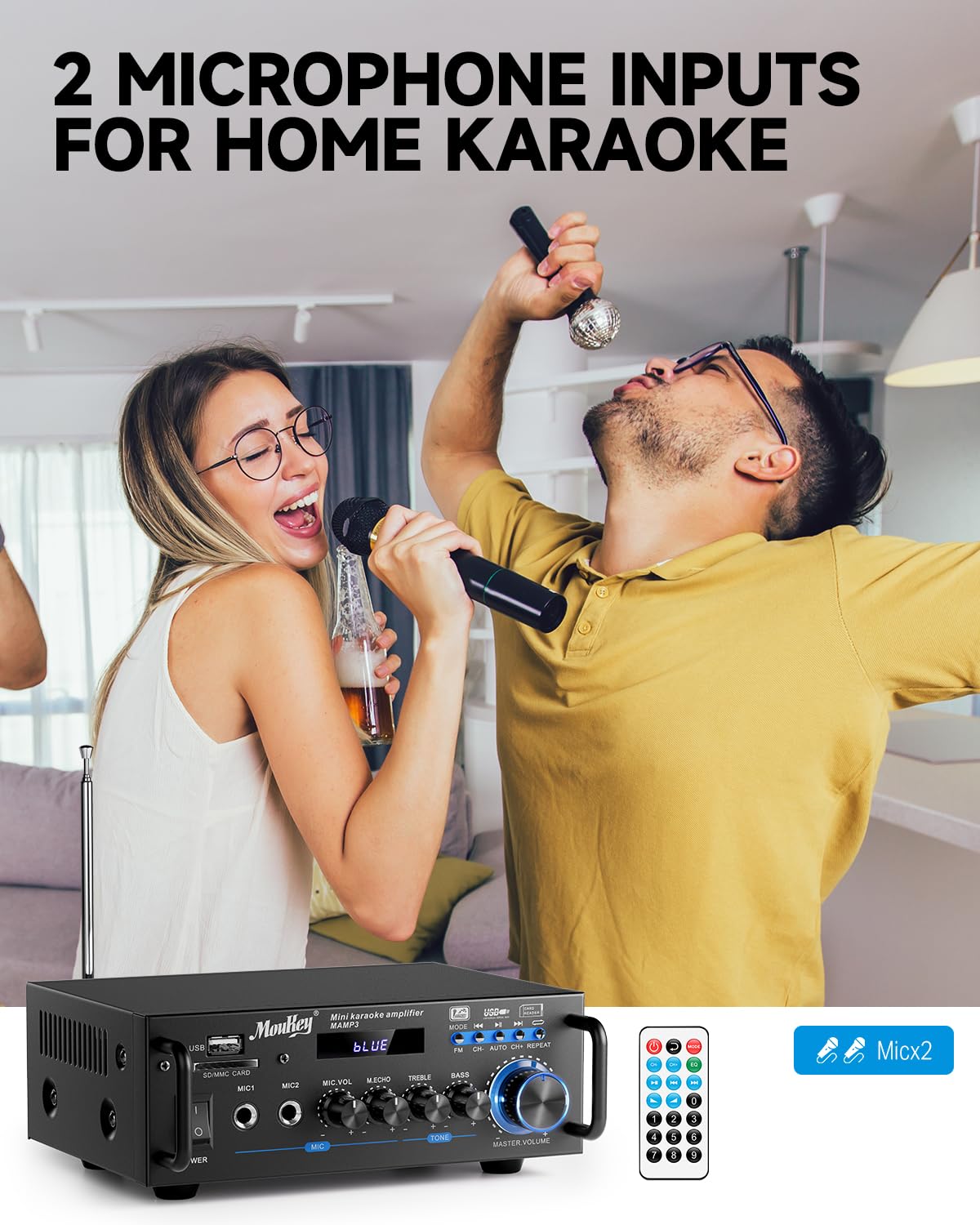 Moukey 2.0 Kanal Stereo Bluetooth Karaoke Verstärker, 100W Stereo Audio Verstärker Empfänger, Verstärker HiFi mit RCA, USB, SD, 2 Mic Eingänge, FM Radio für Auto oder Zuhause, MAMP3