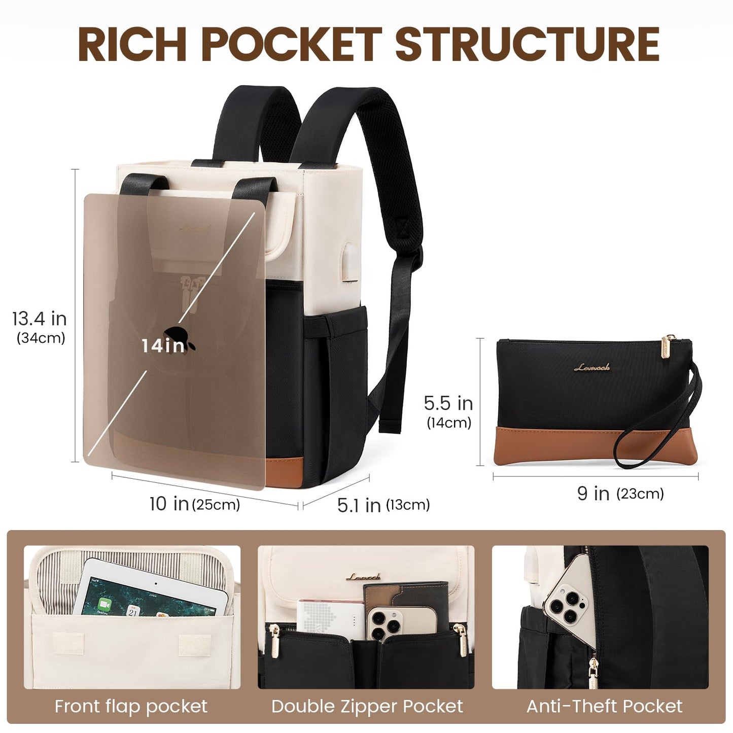 LOVEVOOK Rucksack Damen Klein, Kleiner Rucksäcke Damen Cityrucksack Mini Rucksacktasche Elegant Handtasche Schultertasche, Wasserdicht Laptop Tagesrucksack 13,3 Zoll, Beige Schwarz Braun