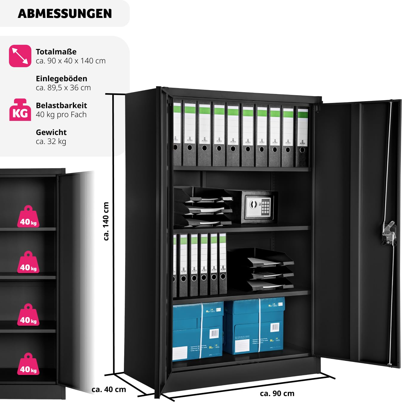 tectake 800598 - Aktenschrank, 3 individuell höhenverstellbare Einlageböden, Leichte Montage - Diverse Modelle (140x90x40 cm | Nr. 402937)