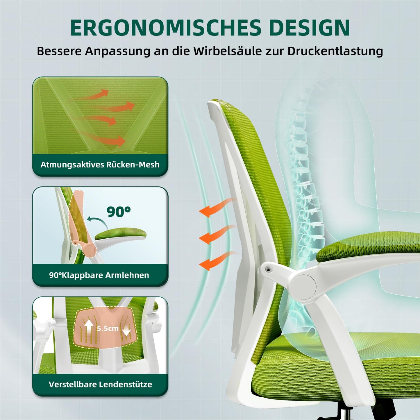 Airchros Bürostuhl, Schreibtischstuhl mit Einstellbarer Lendenstütze, Hochklappbaren Armlehnen, Höhenverstellbarer Ergonomischer Bürostuhl, Netzstuhl mit Wippfunktion bis 125°,Grün