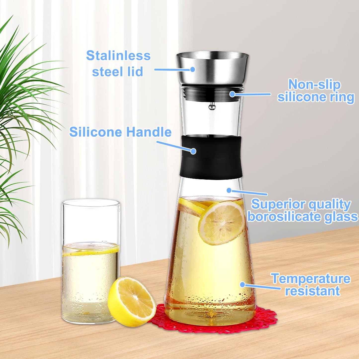 FAMKEEP Glas Karaffe,1200 ML Karaffe mit Deckel aus Edelstahl,Wasserkaraffe,Saft Krug,Glaskaraffe Benutzt für Eistee Heißes Kaltes Wasser Milch Kaffee Wein