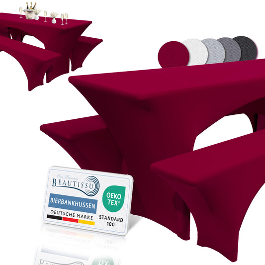Beautissu Edles Strechhussen Set 3tlg. Victoria - Elastische Hussen für Bierzeltgarnitur 220x70 cm – Festliche Husse Biertisch + 2 Bierbank - Bierzeltgarnitur Hussen in Rot Bordeaux