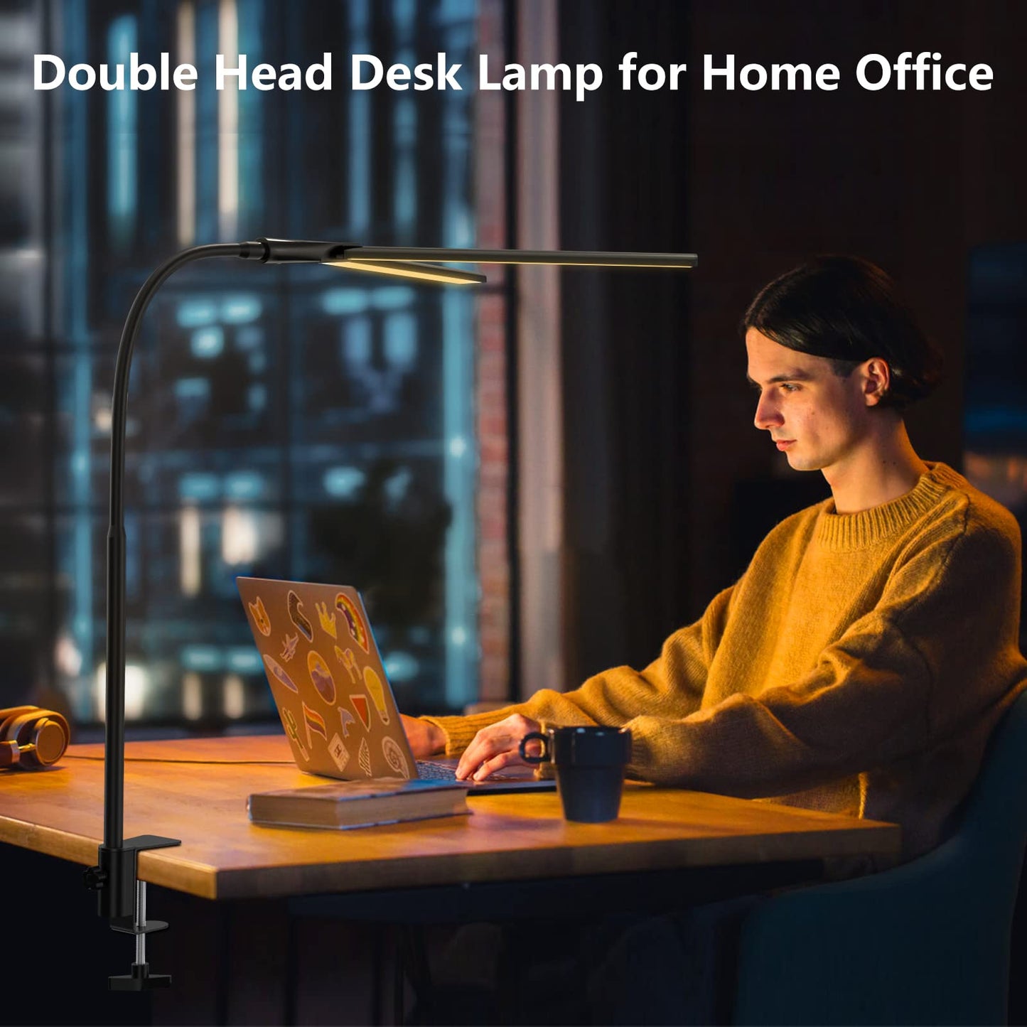 Schreibtischlampe LED Dimmbar, 1200 Lumen Doppelkopf Klemmbar für Homeoffice, Augenschutz Schwanenhals Büro Tischlampe, Monitor Lampe Schwarz mit 5 Farbtemperatur-Helligkeitsstufen