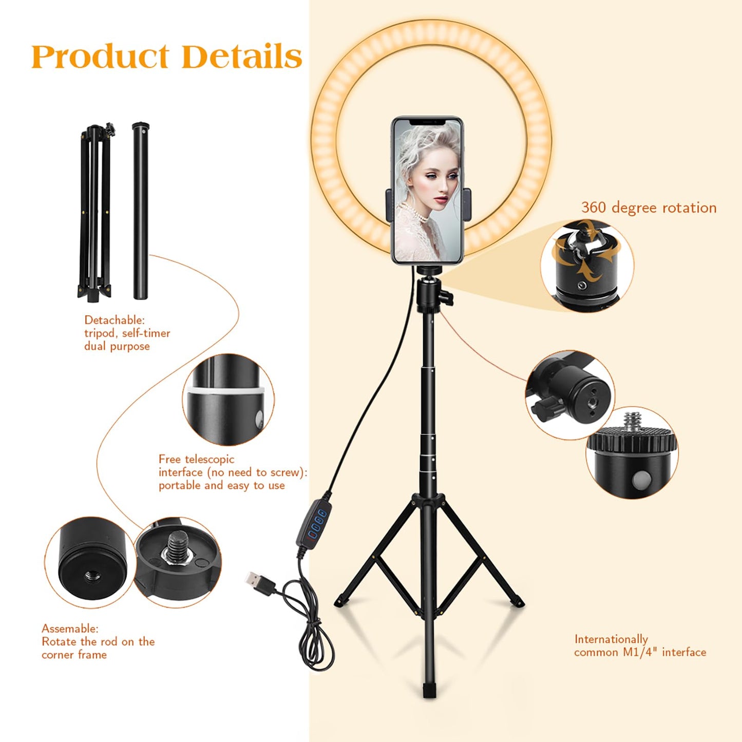 AIXPI 10 Zoll LED Ringlicht mit 59 Zoll Stativständer & Handyhalter, Dimmbare Tischringlicht für YouTube-Videoaufnahmen, Selfie, Live-Stream, Makeup/Fotografie Kompatibel mit Smartphone, USB