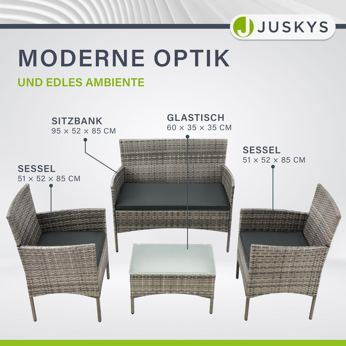 Juskys Polyrattan Sitzgruppe Fort Myers 4er-Set Grau-Meliert, Wetterfestes Gartenmöbel-Set mit Sofa, Stühlen, Tisch und Kissen