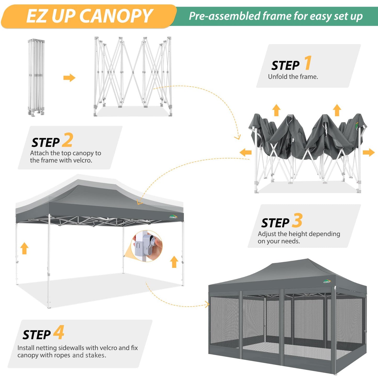 COBIZI Pavillon 3x4,5 Faltpavillon 3x4,5 Wasserdicht Stabil, Pop up Pavillon Faltbar, Partyzelt Gartenpavillon, Pavillion Klappbar 3x4,5 UV-Schutz mit 4 Seitenwänden aus Mesh, Grau