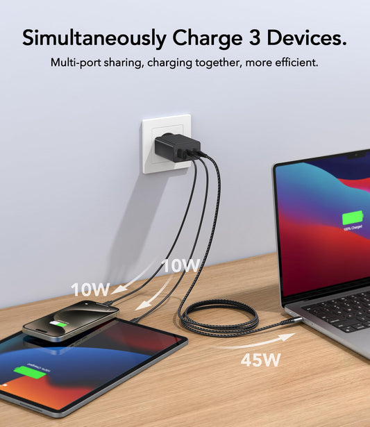 65W USB C Ladegerät, 3Port USB Schnellladegerät mit Ladekabel 2M,USB C Netzteil für MacBook Air Pro M1/M2,iPhone 16 Pro Max/15/14/13,Switch,Galaxy S24 Ultra/S23/S22,Tablet,Laptop,Handys usw