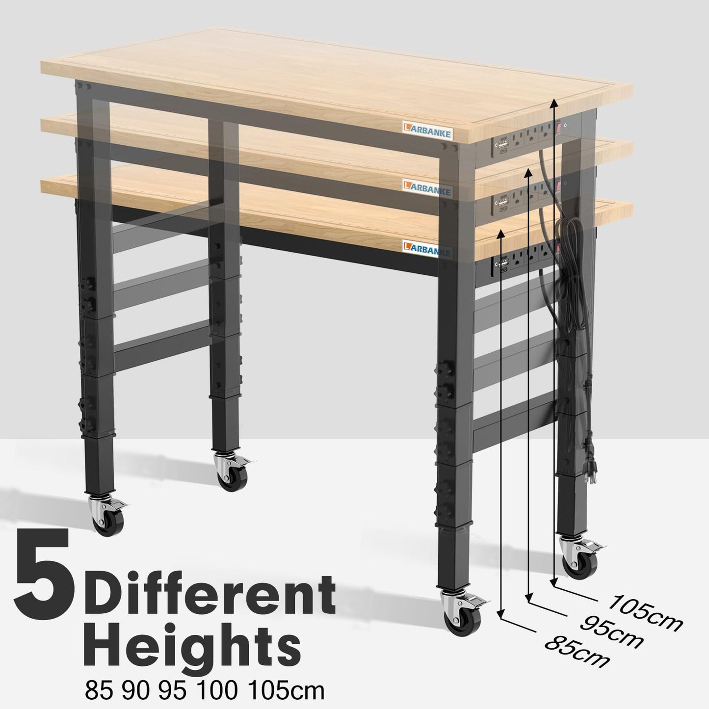 LARBANKE 120 cm Schwerlast-Werkbank für Garage und Werkstatt, höhenverstellbar 85-105 cm, Gummiholzplatte mit Skalen, Tragkraft 900 kg, Log Color