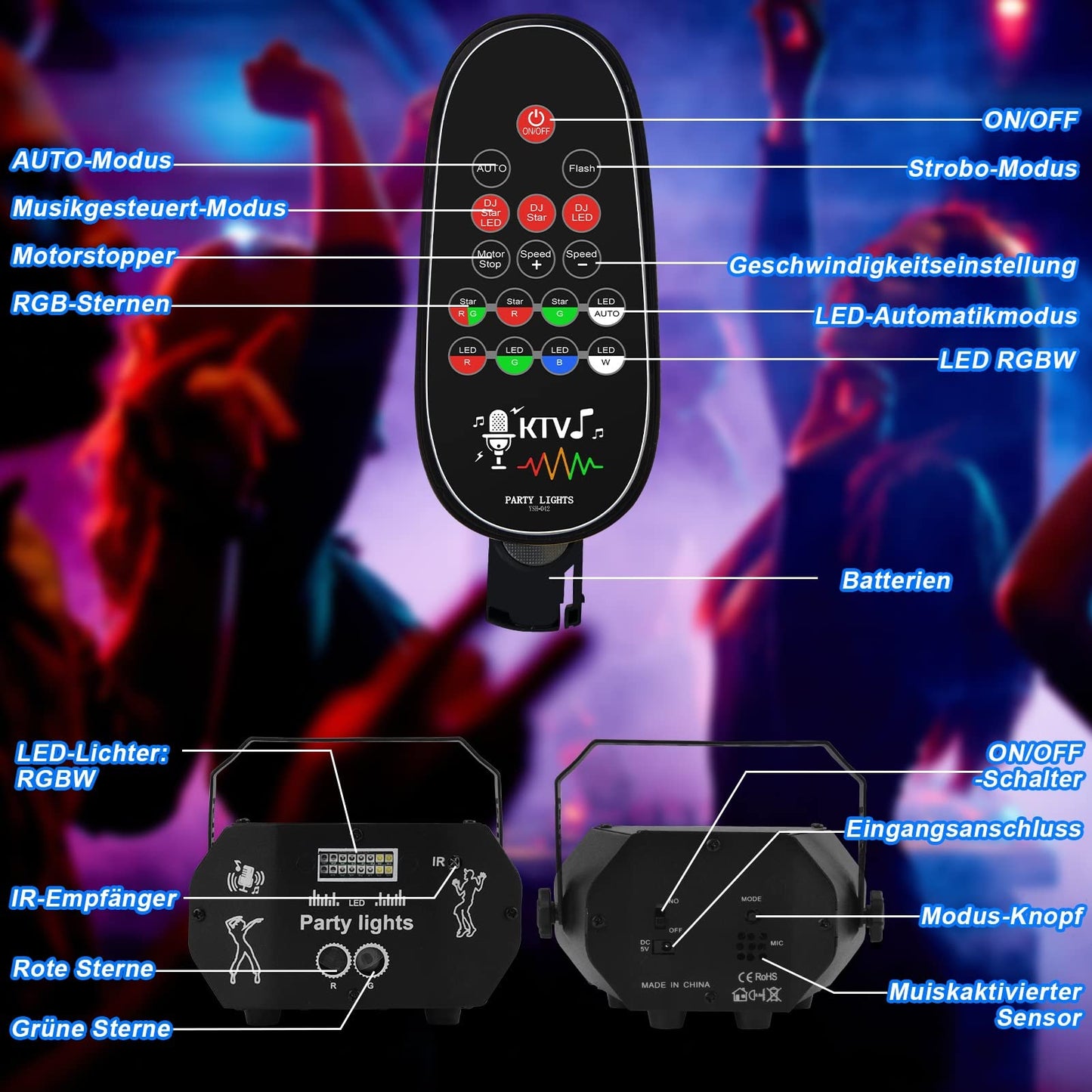 Nigecue Discolicht Partylicht mit Fernbedienung, Musikgesteuert Disco Licht mit Stroboskop, Sprachsteuerte LED DJ Party Lampe Discokugel mit 2M USB Kabel für Halloween Weihnachten Klub Feiertage