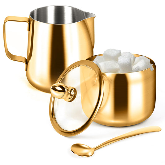 Zucker- und Milchkännchen-Set, Zuckerbehälter und Milchaufschäumkrug für Kaffeebar, Edelstahl, Zuckerdose mit Deckel und Löffel für Espressomaschinen-Zubehör (Gold)