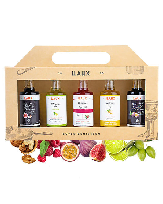 LAUX Essig Öl Geschenkbox - 5 Sorten im Set: Olivenöl, Walnussöl, Balsam & Aperitif - Für Salate Oder Herzhafte Gerichte - Grill Geschenk Set für Sie & Ihn (5 x 40ml)