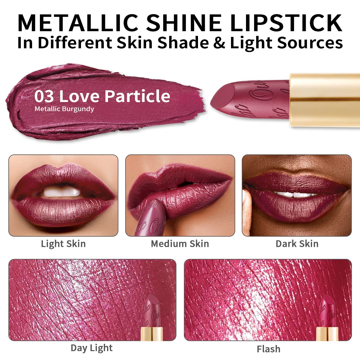 OULAC Lippenstift Metallic Glanz Finish, Rot Farbtöne, Hochpigmentierter, Kein Körniges Gefühl, Langlebig, Feuchtigkeitsspendende Formel, Vegan, 4.3g, (03) Love Particle
