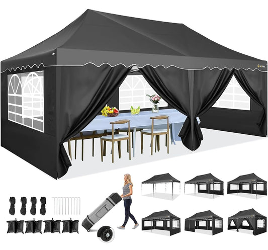 HOTEEL Faltpavillon 3x6 Pavillon Wasserdicht Stabil Partyzelt Faltbar, Faltzelt Mit 6 Seitenwänden & Rolltasche & 4 Sandsäcken, Einfacher Aufbau für Hochzeiten, Gewerbe, Partys, UV50+ Schutz, Schwarz